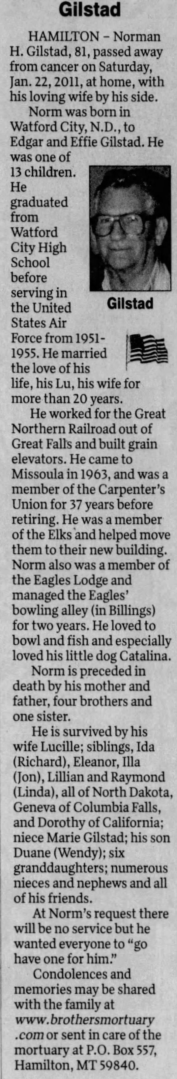 Obituary for Norman H. Gilstad (Aged 81)